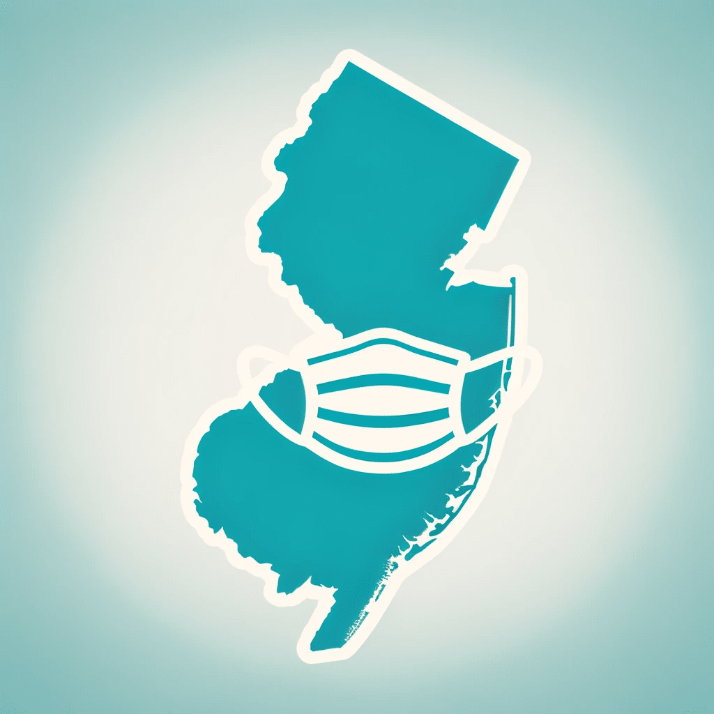New Jersey silhouette with mask overlay indicating statewide mask mandates.