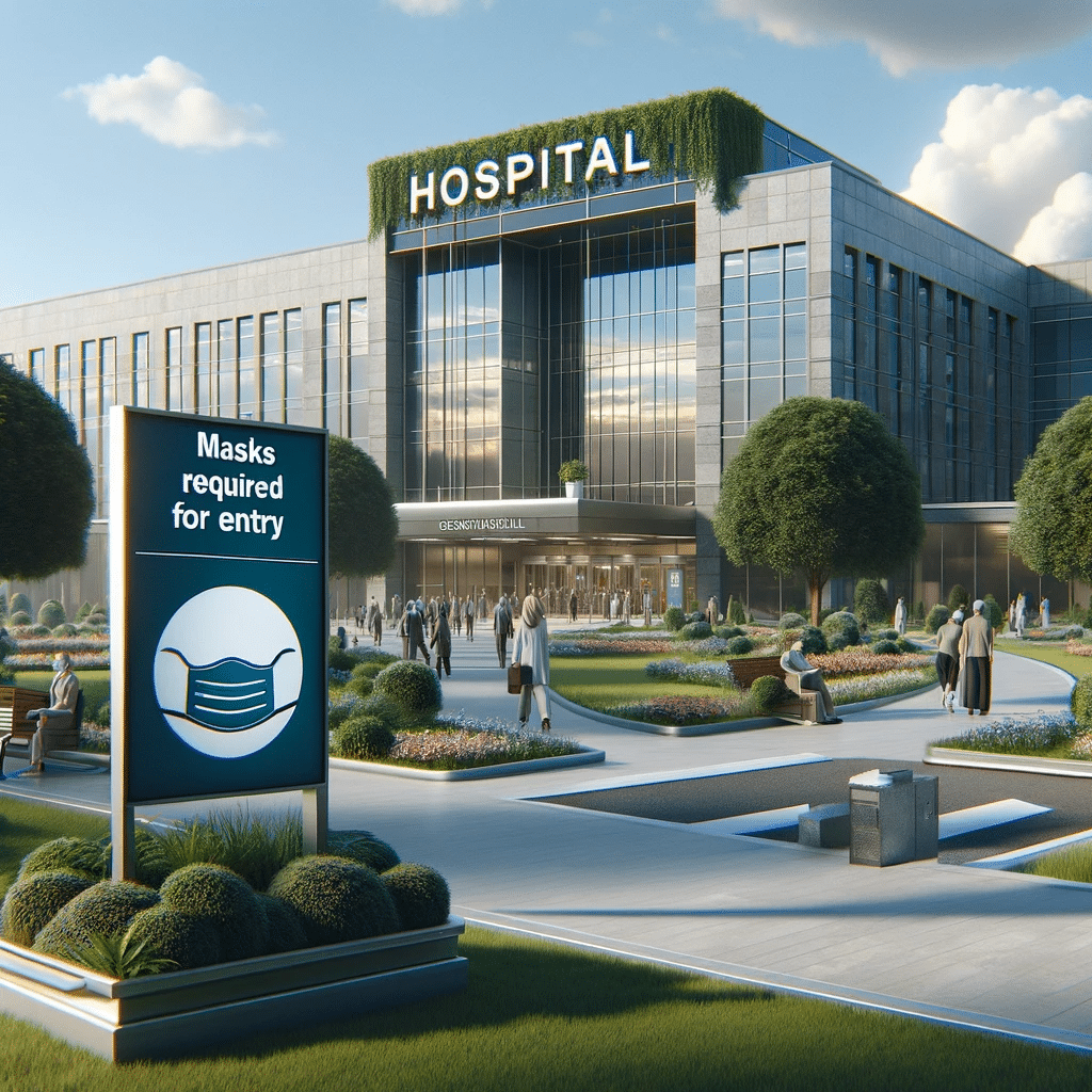 Image representing RWJBarnabas Hospitals mask mandates Hospital entrance with 'Masks required for entry' sign.