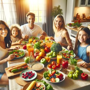 Family at dining table eating a colorful meal with fruits, vegetables, grains, and proteins thanks to the 'Healthy Eating Tips for Families guide.